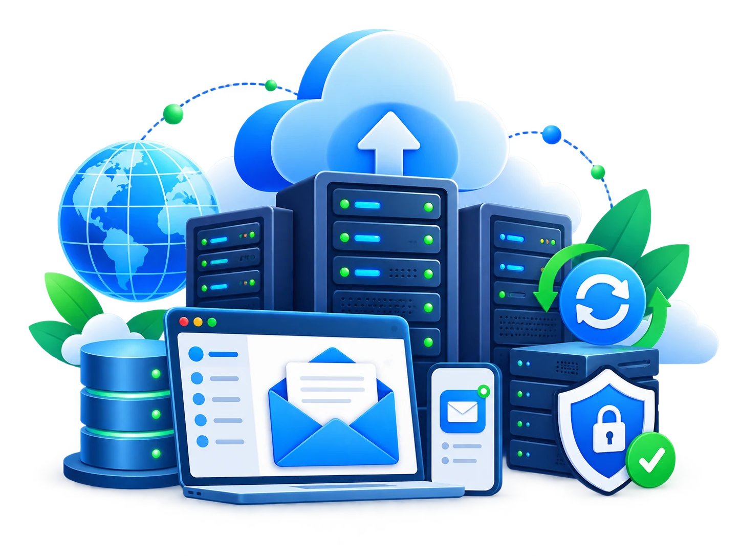 Illustration of secure cloud hosting: servers, database, email inbox and security sync icons
