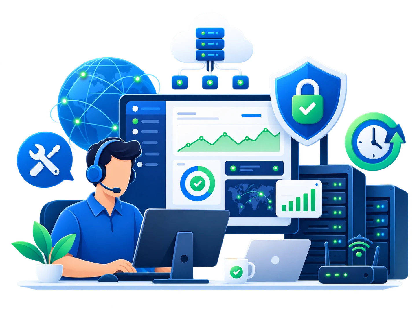 Illustration of an IT support engineer monitoring systems, security, network infrastructure and uptime dashboards