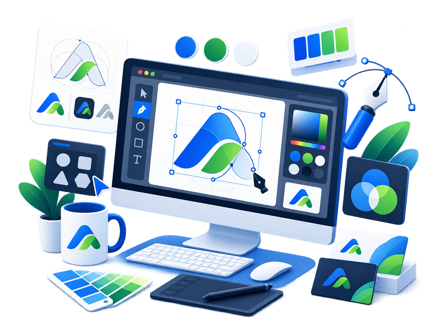 Illustration of a logo and brand identity design workflow: logo concepts, colour palette, and brand kit applications on a mug, cards and business card