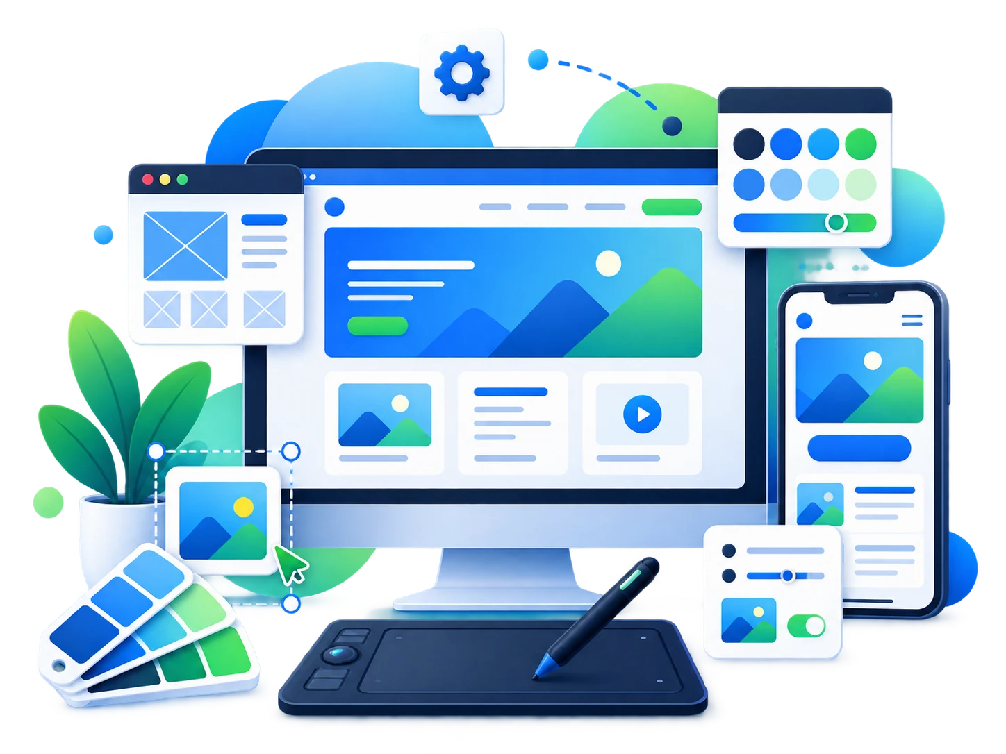 Illustration of a website being designed across desktop and mobile